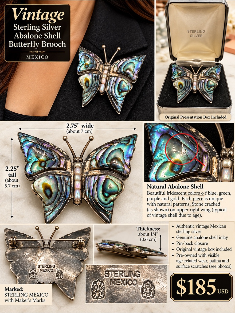 Vintage Sterling Silver Abalone Shell Butterfly Brooch-Blue-Green